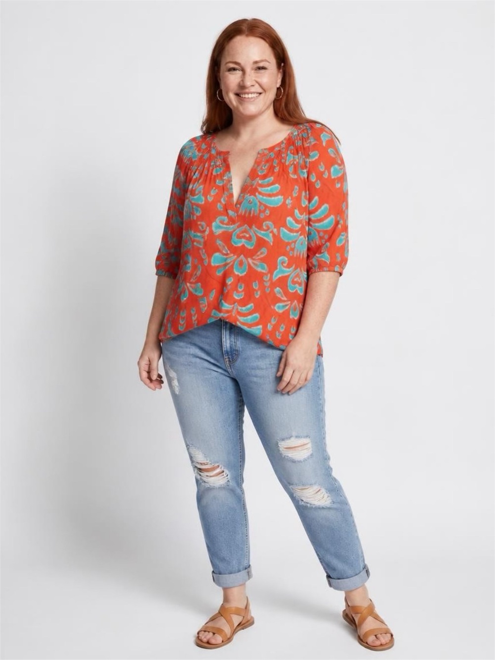 crown & ivy Orange Floral Split-Neck Blouse